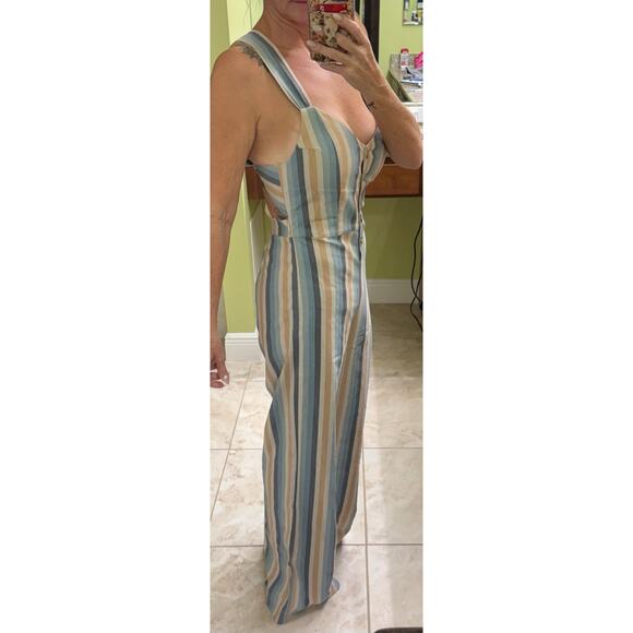Knot Sisters Lana Jumpsuit linen blend small natural blue stripe zipper side - Picture 2 of 10